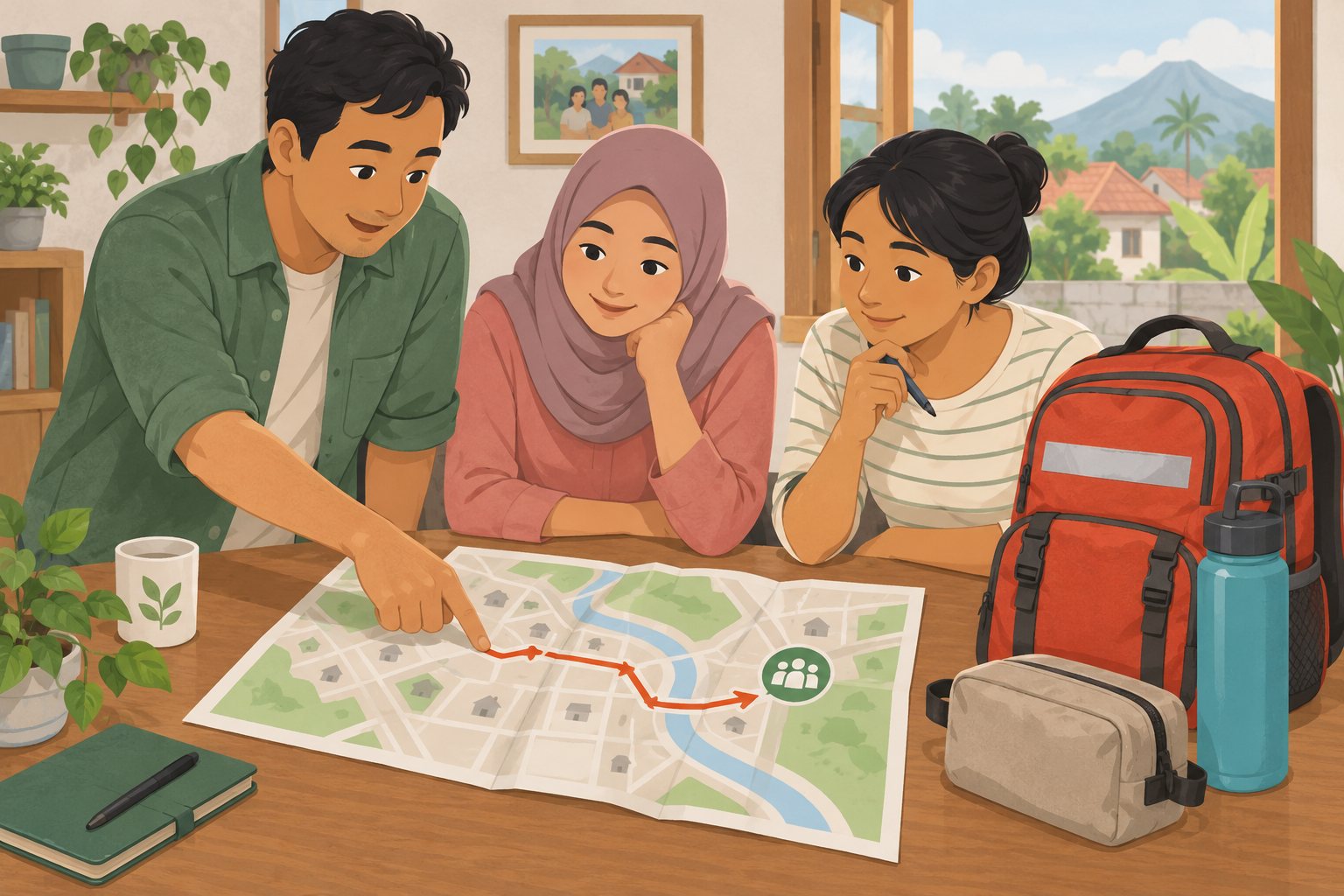 Ilustrasi: Warga menyusun jalur evakuasi bersama dengan peta dan tas darurat.